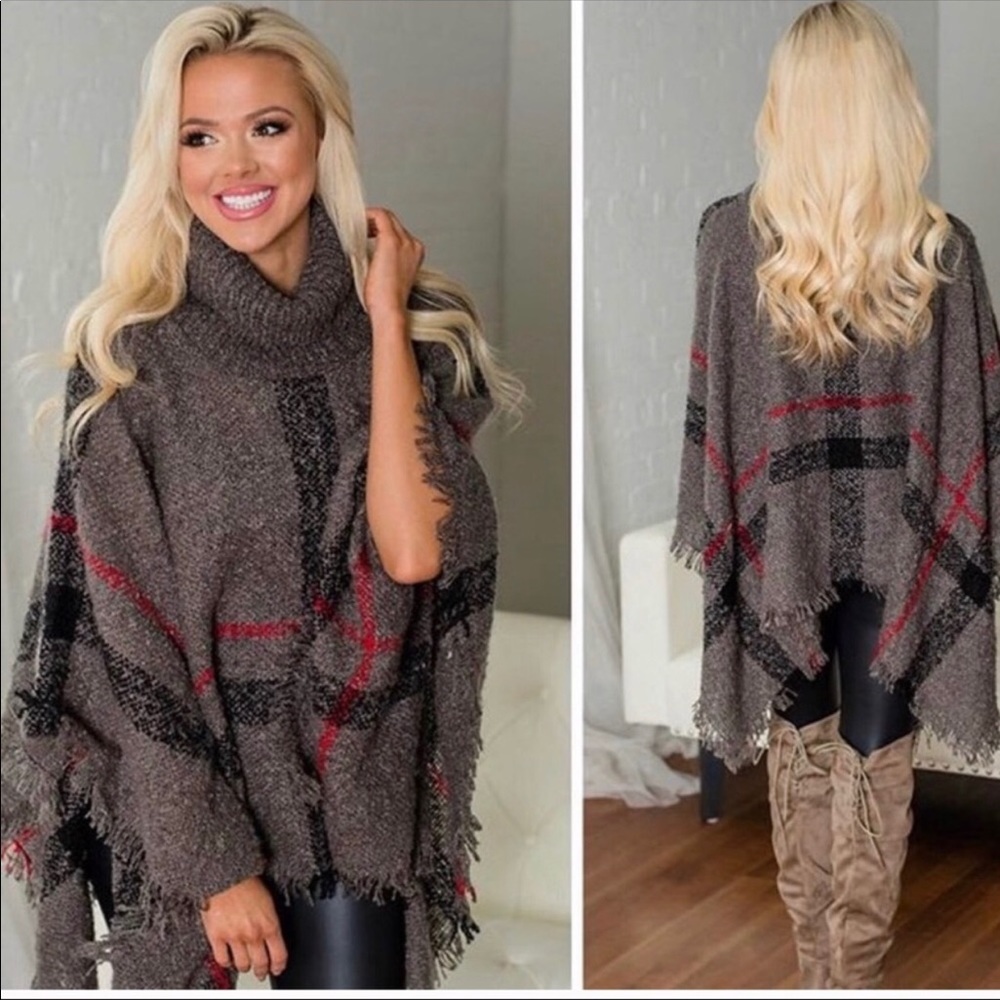 Plaid Poncho Cardigan Scarf Shawl Kimono-CAMEL - Picture 7 of 8